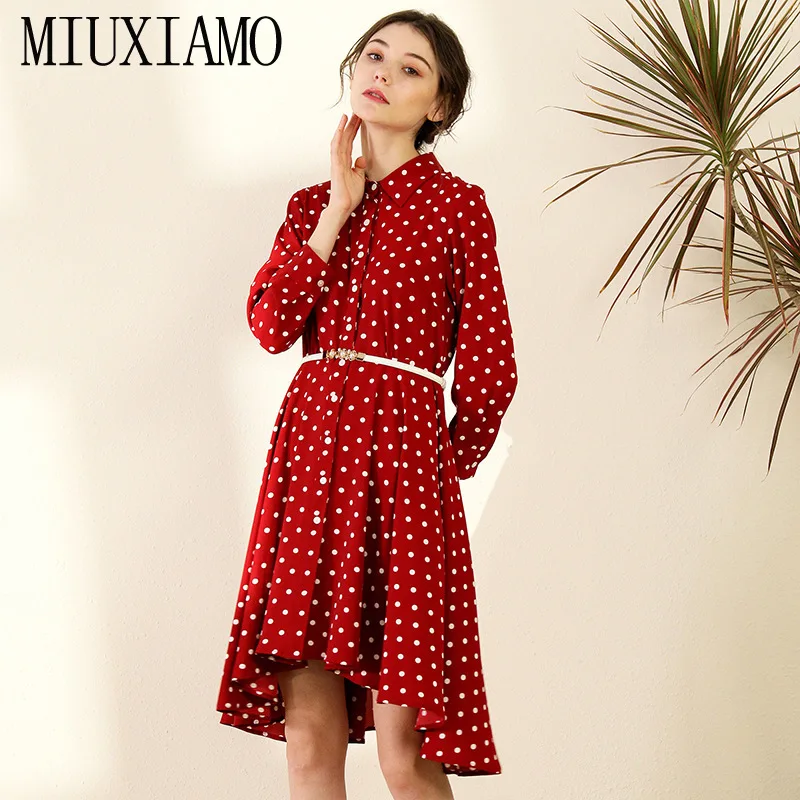 

MIUXIMAO High Quality 2020 Spring Dresses Women Party Female Vintage Polka Dot Print Short Red Dress Dresses Vestidos With Belt