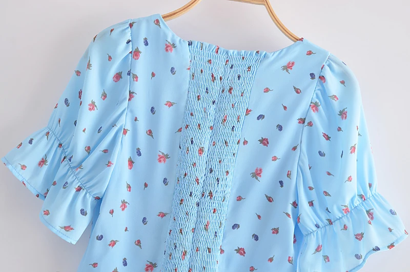 

Splend Moda 2021 Summer New Floral Print Square Collar Lace-Up Stitching Puff Sleeve Short Sleeve Blouse Women Fashion Tops