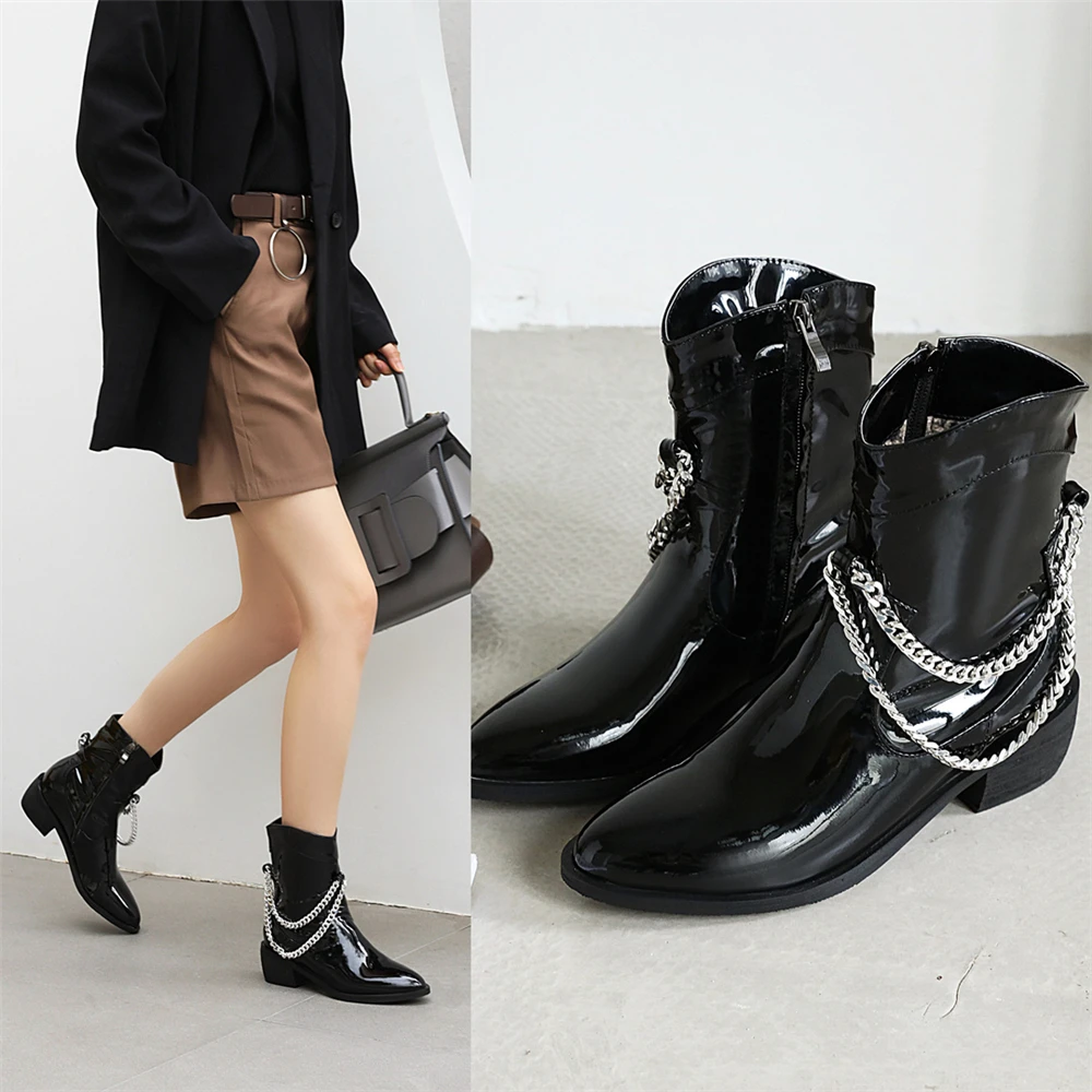 

Size 33-43 Med Heel Platform Boots Women Shoes Autumn Winter Fashion chain Patent leather Round Toe Zipper Leather Boots Ladies