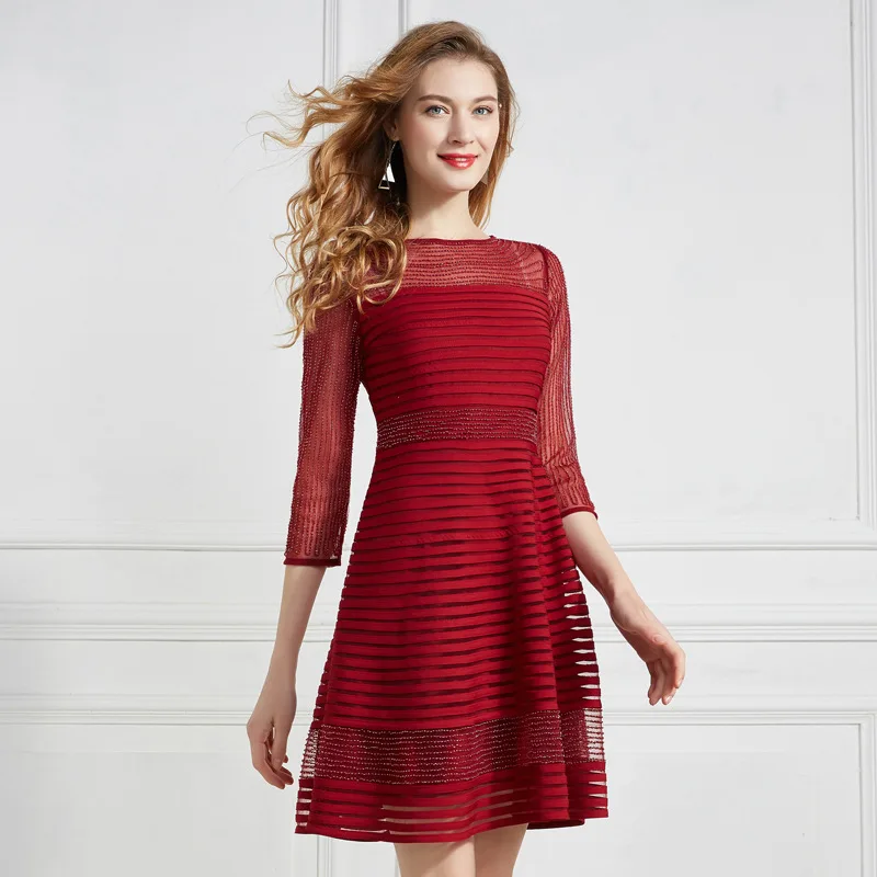 

Dress Vestidos XXXXL 2021 Spring Summer Party Cocktail Women Dresses Beading Mesh Stripe Pattern Slim Fit & Flare Dress Pink Red