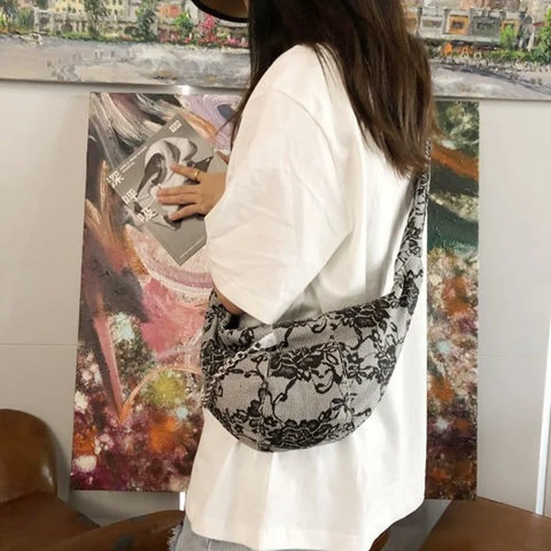 

Xiuya Street Crossbody Bag Women Original Design Lace Flower Print Chest Bag With Chain Irregular Fashion Satchel Woman Pouch