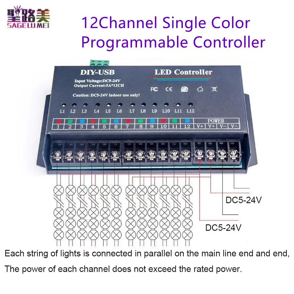 

DIY-USB5A*12CH 12Channel Single Color Programmable Controller DC5-24V Running lamp controller for 3528 5050 RGB Led Strip Module