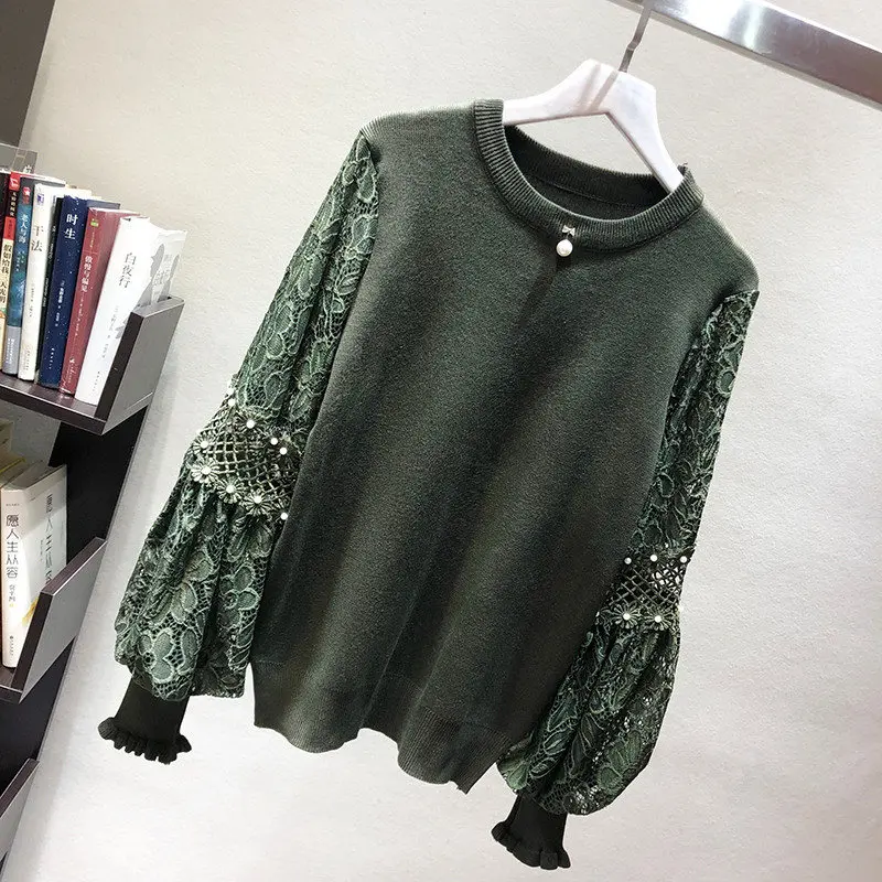 Женский осенне-зимний трикотажный пуловер с кружевом и рукавами-фонариками |