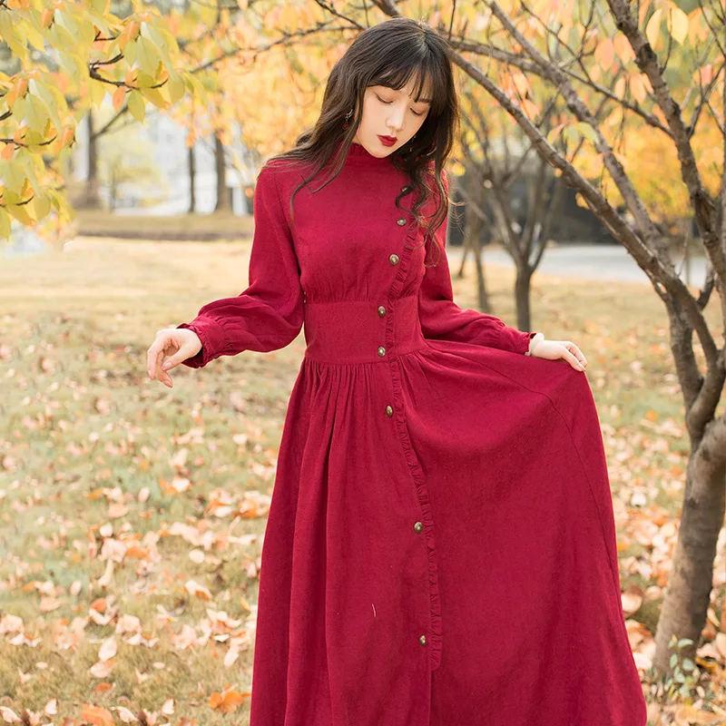 

spring and autumn Women clothing new French niche retro corduroy wine red dress waist was thin temperament long High waist Dress