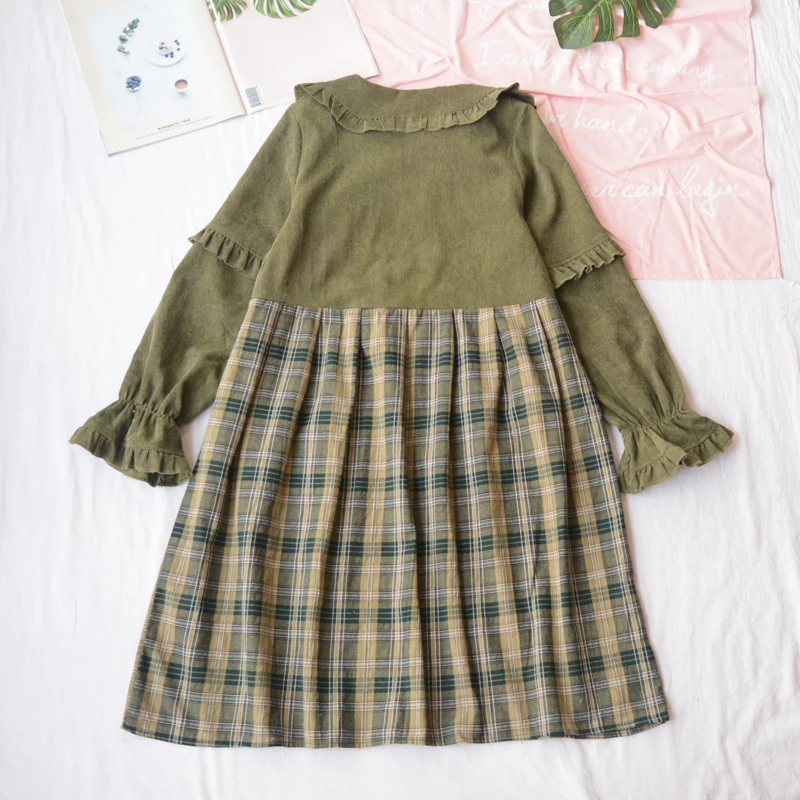 

Japanese Sweet Lolita Dress Stitching Lattice Loose Lace Victorian Dress Kawaii Girl Gothic Cute Bear Embroidery Corduroy Dress