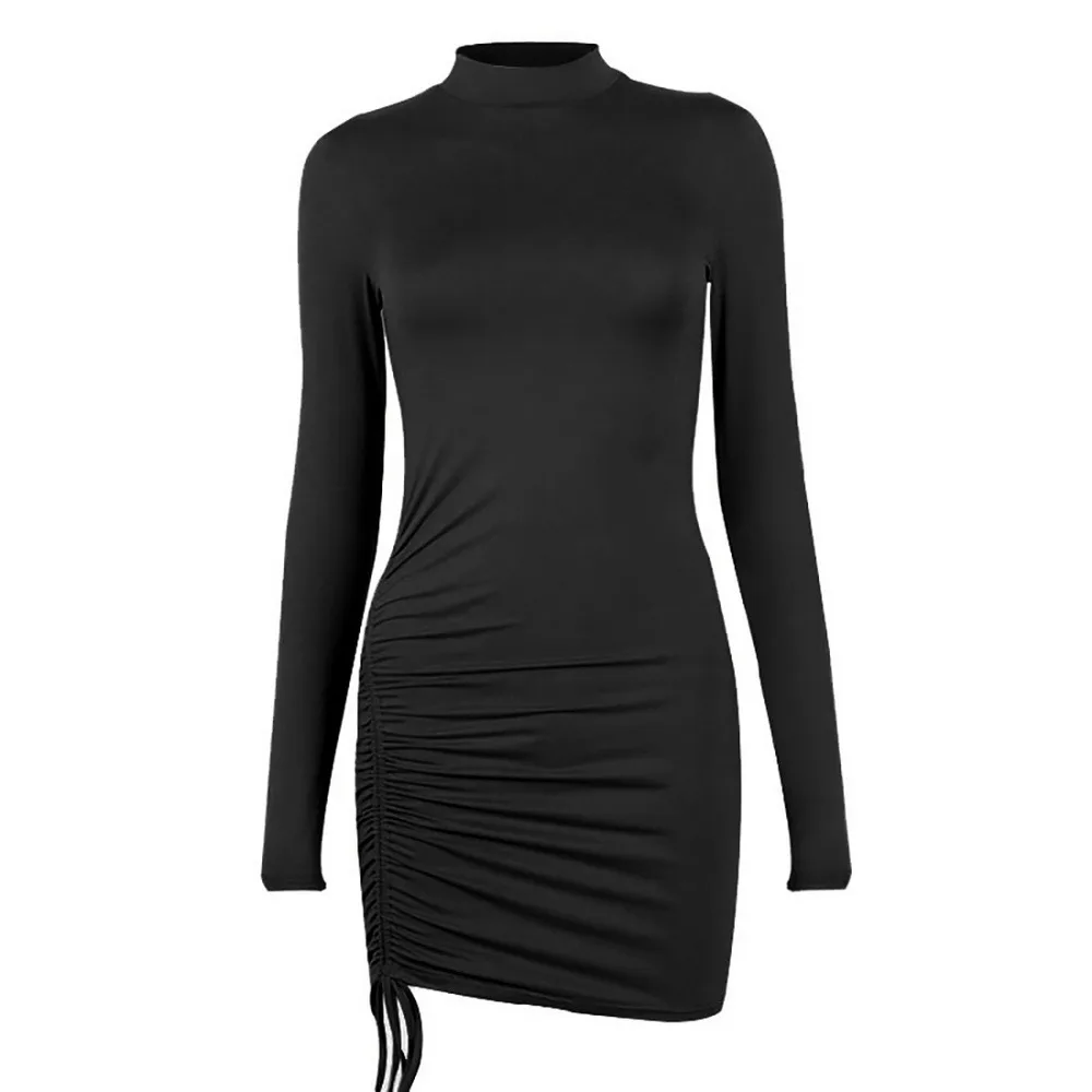 

Long Sleeve Ruched Bodycon Dress Women Turtleneck Bandage Mini Dresses Autumn Black Skinny Stretchy Party Vestidos