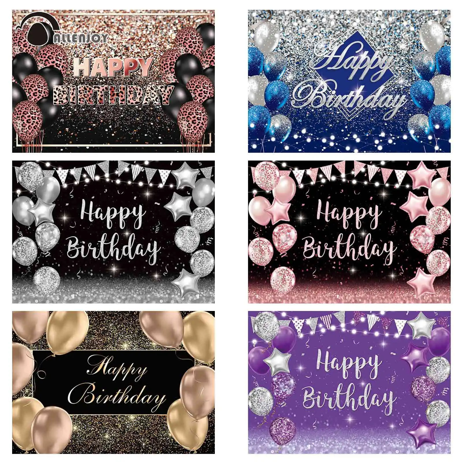 

Allenjoy Happy Birthday Backdrop Balloon Sequin Ribbon Retirement Party Supplies Props Custom Decorative Background Photo Booth
