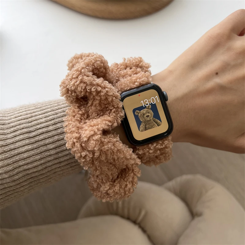 Эластичный ремешок для Apple Watch Band Series 7 6 SE 5 4 3 2 1 41 мм 45 38 40 42 44 Iwatch Женский плюшевый