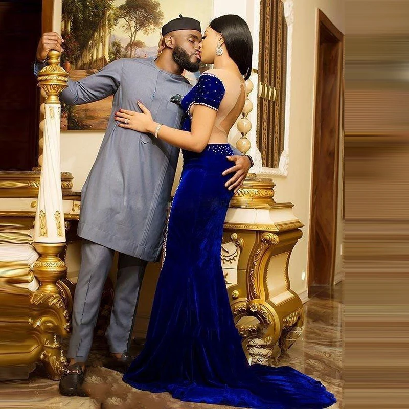 Королевский синий Прозрачный Совок Русалка Вечерние платья с разрезом спереди