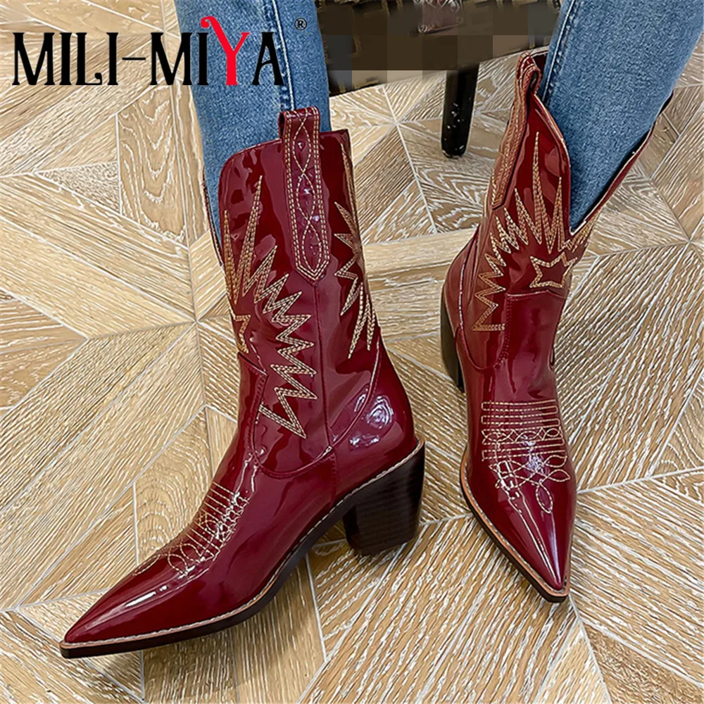 

MILI-MIYA Fashion Western Boots Pointed Toe Square Heels Women Patent Leather&Microfiber Mid CalfShoes Slip-On Size 34-43