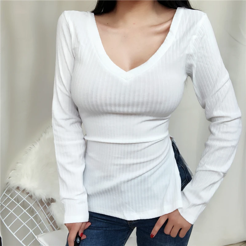 Новая весенняя Сексуальная футболка Женская эластичная в Корейском стиле