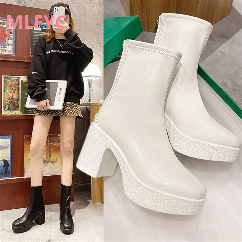 

2021 autumn and winter thick heel patent leather short boots fashion women's boots round toe super high heel back zipper