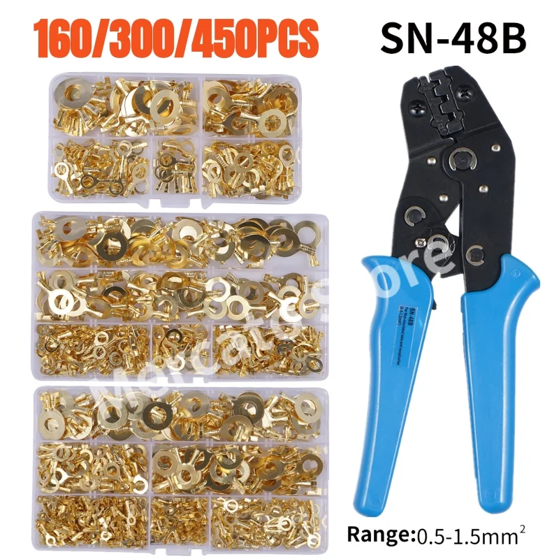 

160/300/450PCS M3-M10 Electrical Wire Crimp Terminal Connerctors Non-Insulated Ring Lugs Cable Connector Crimper Plier Tools Set