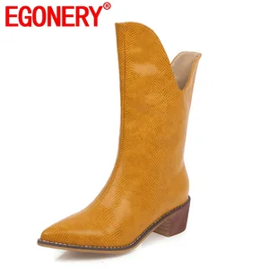 EGONERYклассные сапоги до середины икры желтые, серебряные, серые, синие, белые женские туфли с острым носком размеры 34-46, Осенние западные сапоги на каблуке 5 см
