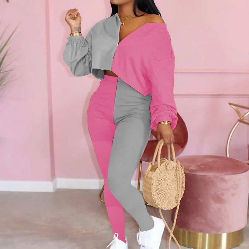 

Women Elegant Solid Patchwork Two Piece Sets Sexy V Neck Crop-Tops And Slim Pants Casual Long Sleeve Streetwear Female Suits 3XL