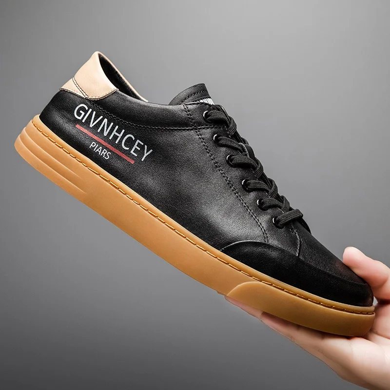 

New Luxury Leather Shoes For Male Black White Casual Footwear Men Youth High Quality Casual Lace Up Sneakers Genuine Leather