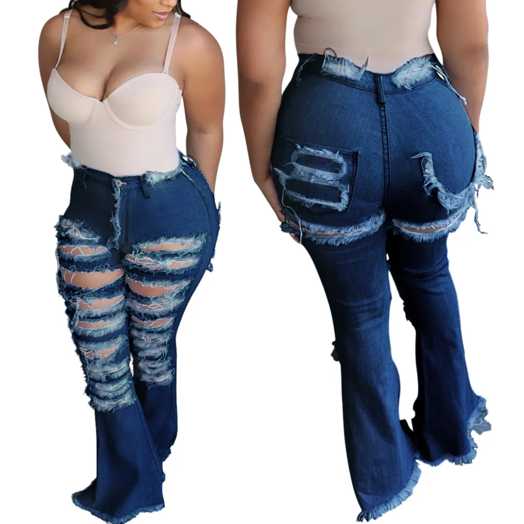 

2021 fashion all-match personality ripped high-waisted stretch flared pants