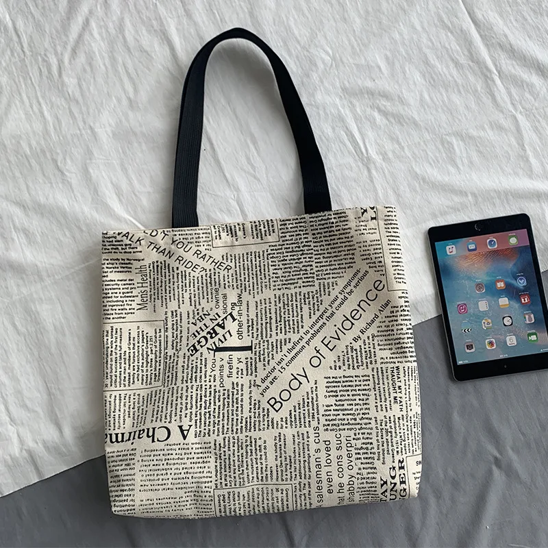 

Женская сумка-тоут, холщовые сумки на плечо 2021, магазин для девочек, модные повседневные вместительные сумки с принтом газеты и текста