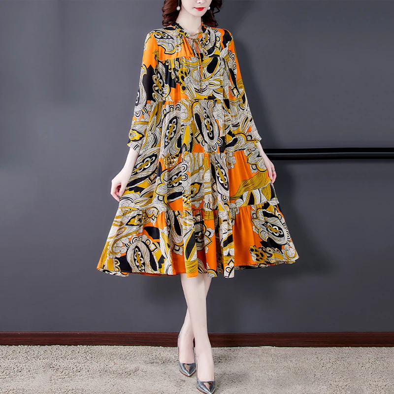 

Women's Dress 2022 Spring New Seven-Quarter Sleeve Mother Mulberry Silk Dresses For Women Printed Vestidos Mujer