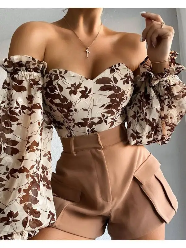 

Sexy Off Shoulder Ruffles Summer Crop Top Fashion Women Holiday Beach Shirt Vintage Leaf Printed Elegant 2021 Female Blouse
