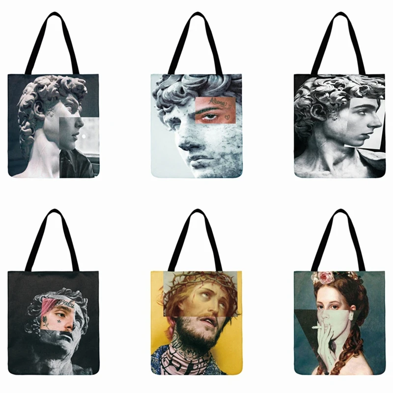 Сумка тоут из льняной ткани с абстрактными художественными фигурами|Сумки