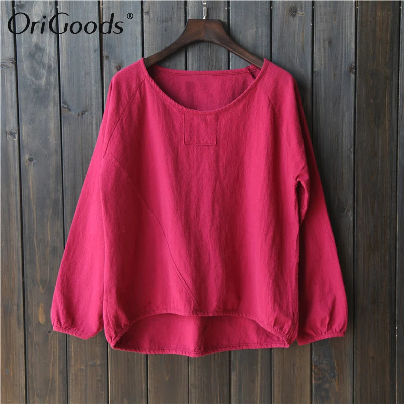 Женская хлопковая льняная блузка с круглым вырезом и длинным рукавом|blusas plus|women