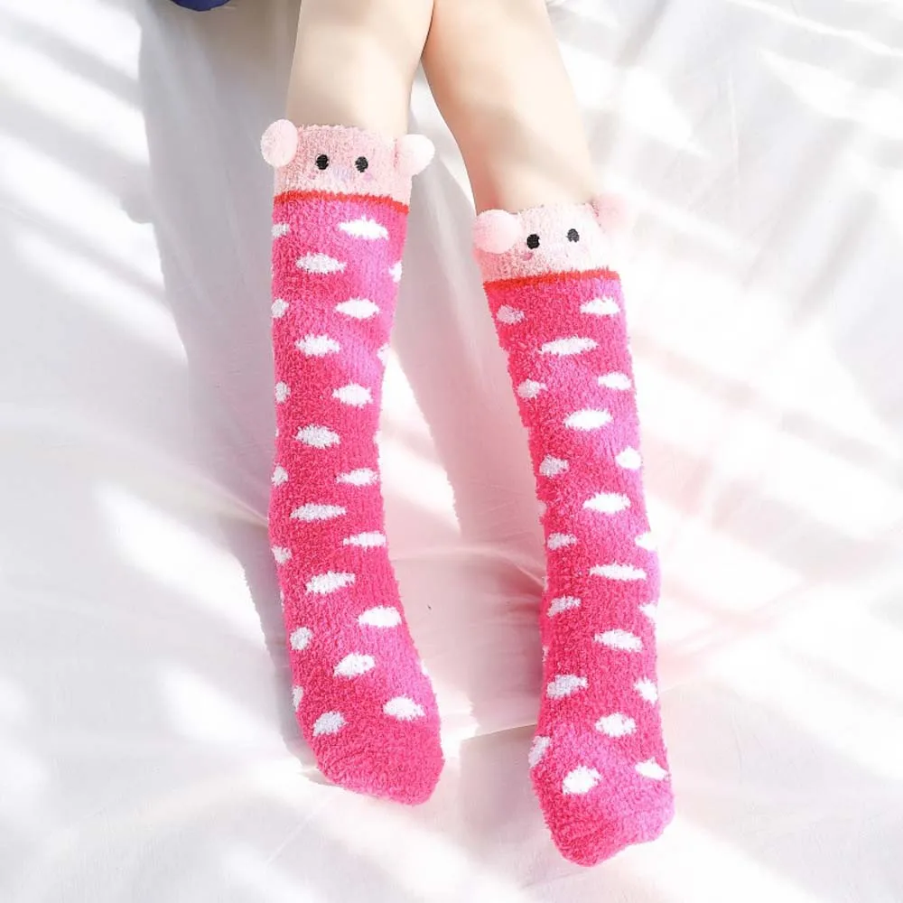 Зимние теплые чулки Kawaii Animal милые женские коралловые бархатные длинные для