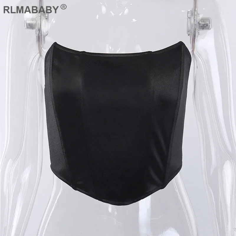 RLMABABY, атласный корсет без бретелек, сексуальный женский розовый укороченный топ, тонкий женский черный короткий топ с открытыми плечами, вечерние топы для ночного клуба, красный топ на бретелях