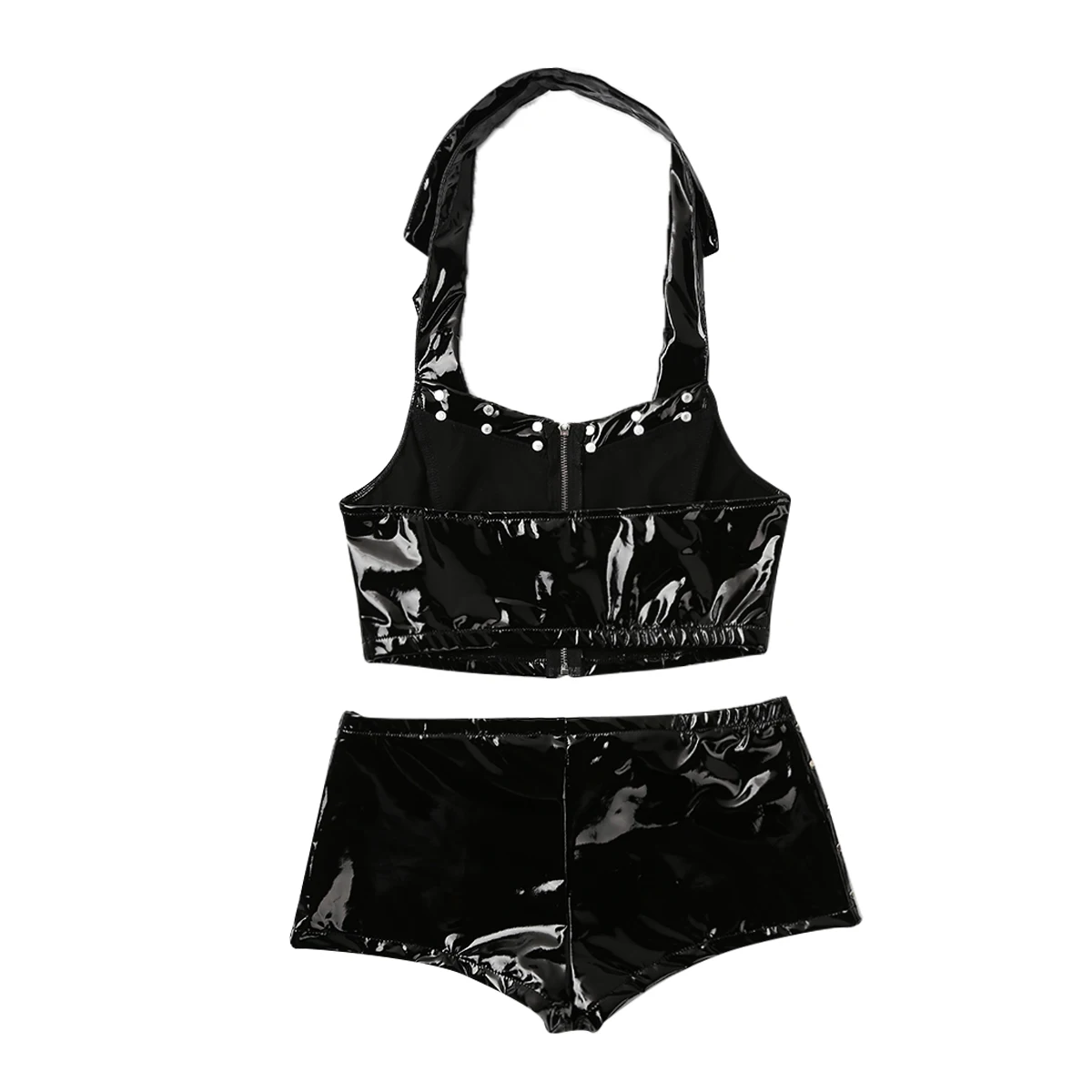 

Women's Black Patent Leather Sexy Costumes Set Sleeveless Zippered Crop Top with Shorts Stage Performance Rave Party Clubwear