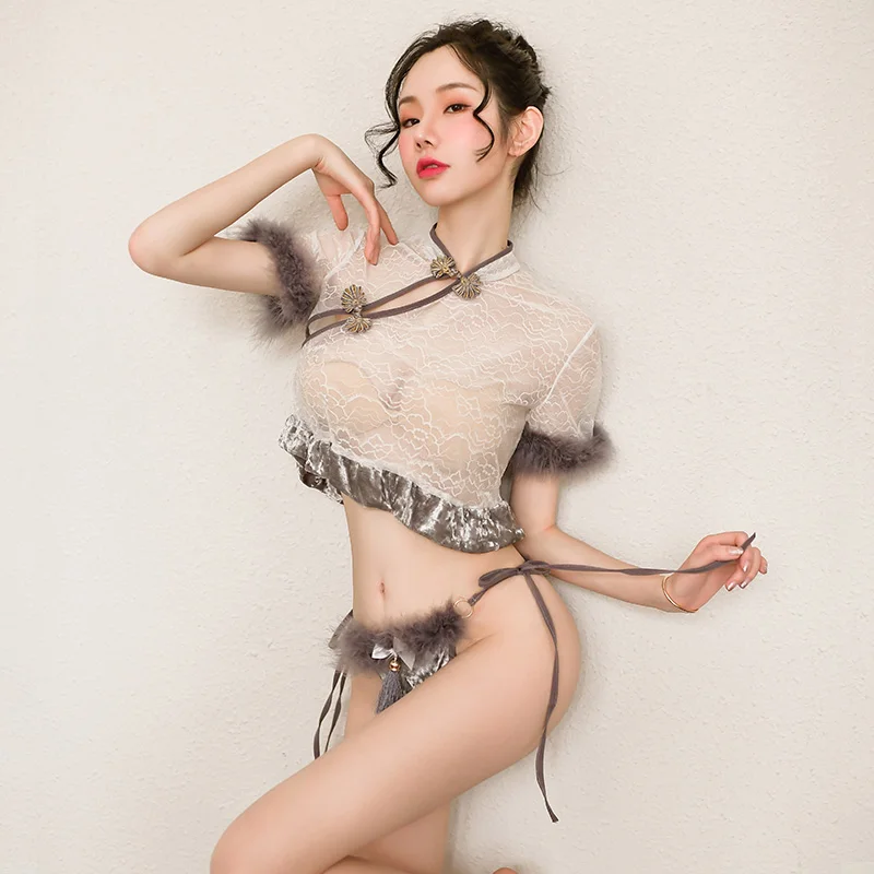 Вечерняя одежда для ночного клуба Qi Pao бархатный кружевной прозрачный