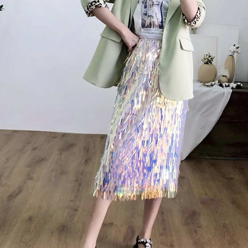 Женская юбка карандаш с блестками Повседневная однотонная черная вечерние