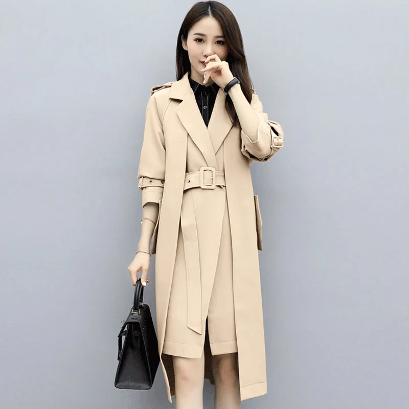 

British Style Women Green Bandage Long Fake Two Trench Lapel Long Sleeve Loose Windbreaker 2021 Autumn Fashion Overcoat Female