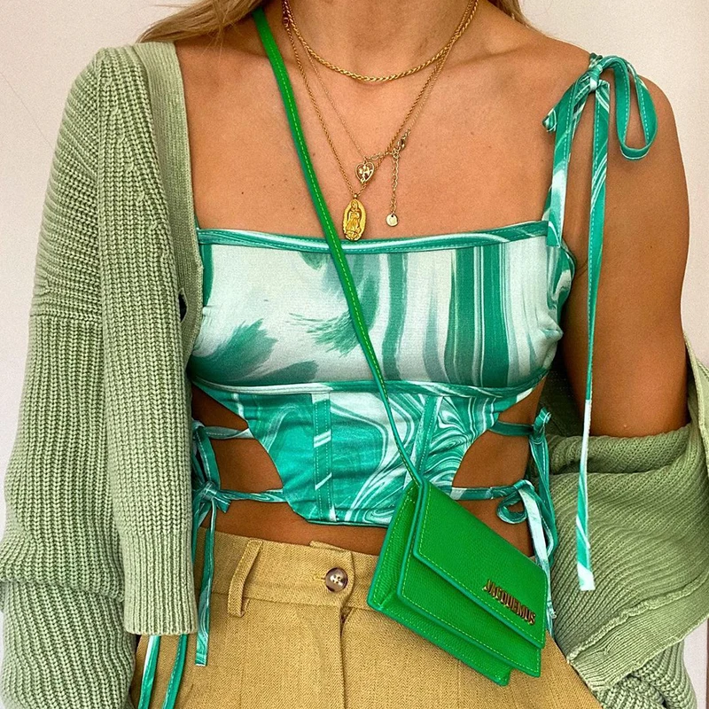 

Tie Dye Printed Drawstring Y2k Camis Crop Top 2021Kawaii Summer Clothes For Women Bandage Corset Girls Shirt Female Party Tee