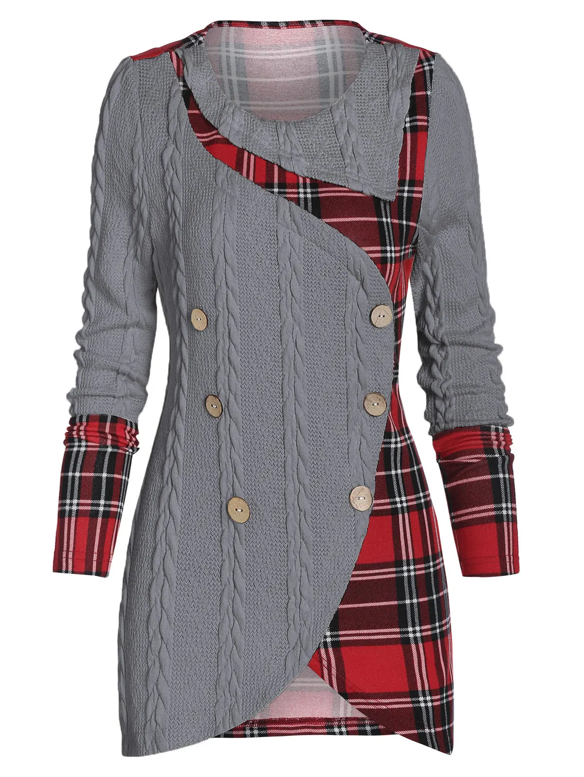 weitongbuWomen Tartan Panel Mock Button High Low Sweater Elastic Casual Plaid Longline Long Asymmetric Pullovers | Женская одежда