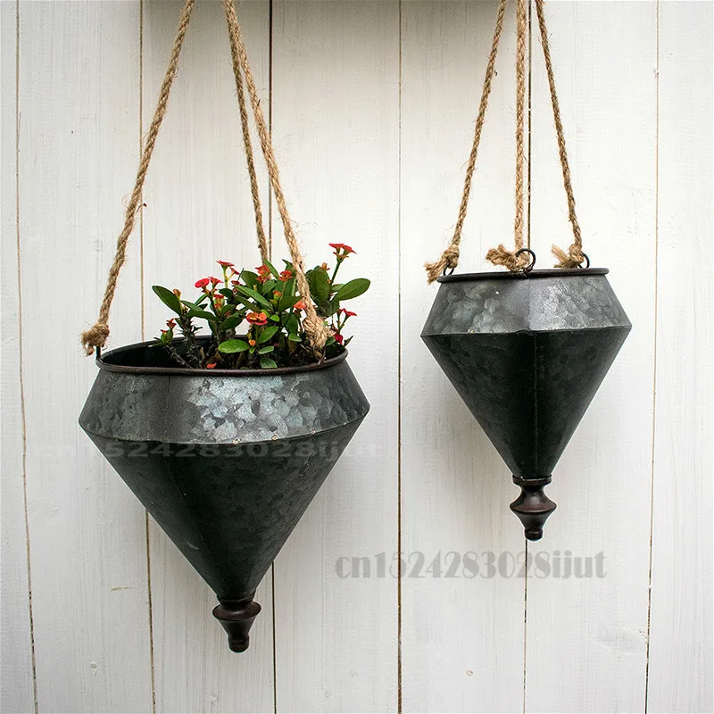 

Creative Retro Hanging Pot Iron Plant Flowerpot Hanging Decoration Flower Pot Balcony Flowerpot Wall Flower Pot Rack with Rope