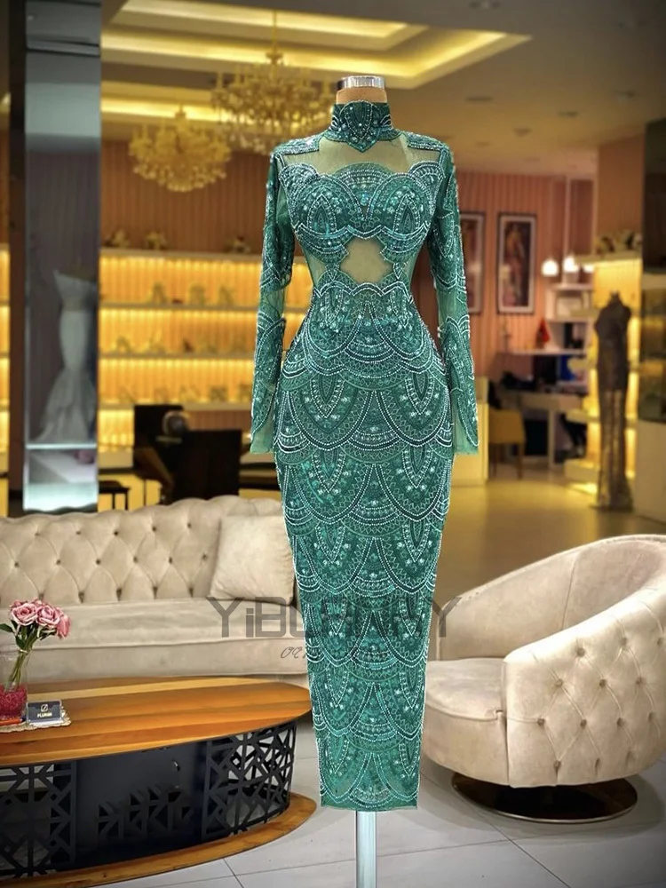 

YILIBER Evening dresses 2021 vintage vlack pearls long sleeves evening gowns beading prom dresses for women short dresses