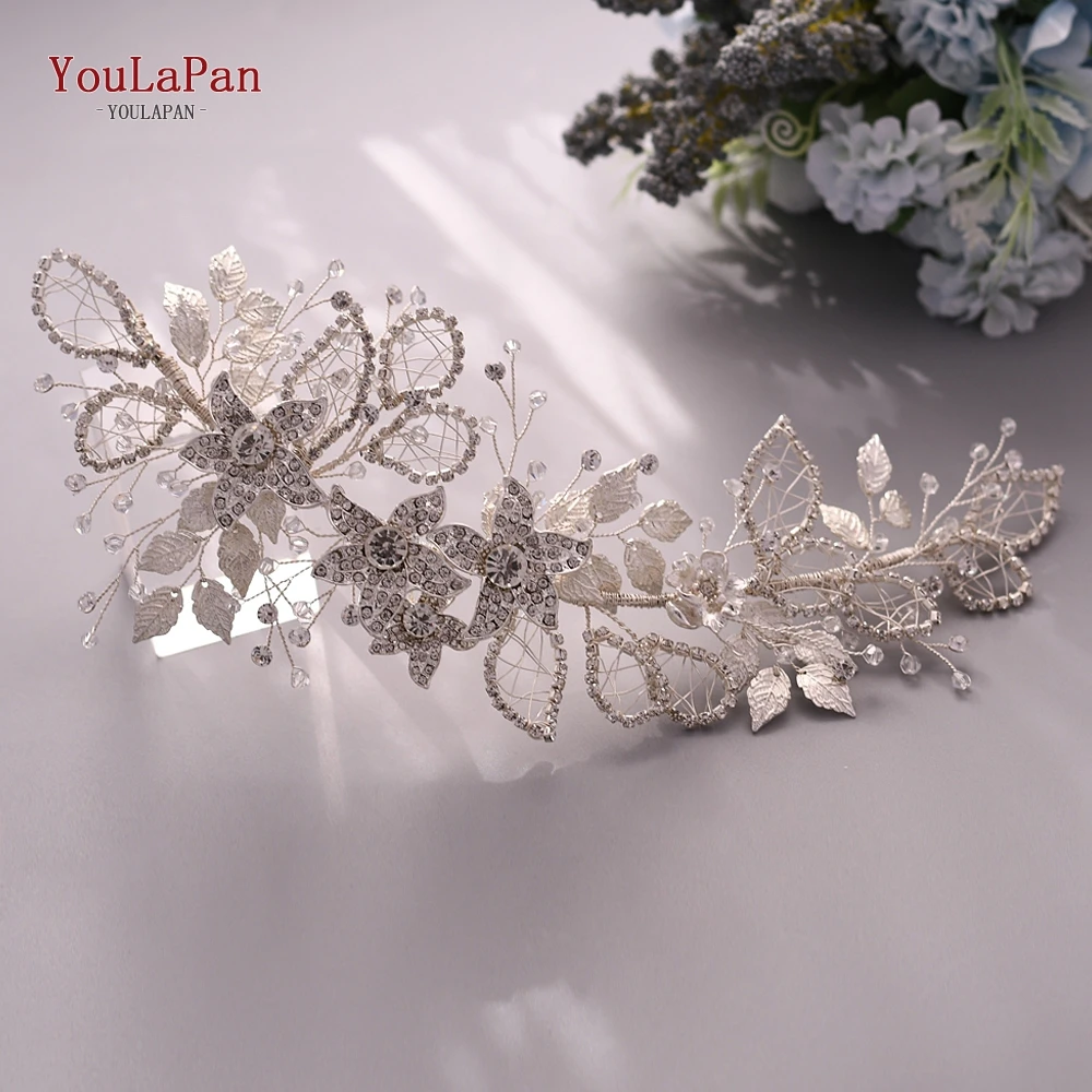 

YouLaPan HP282 Silver Golden Wedding Headband Flower Leaf Headpieces RhinestonesBridal Headwear Wedding Tiara Hair Jewelry