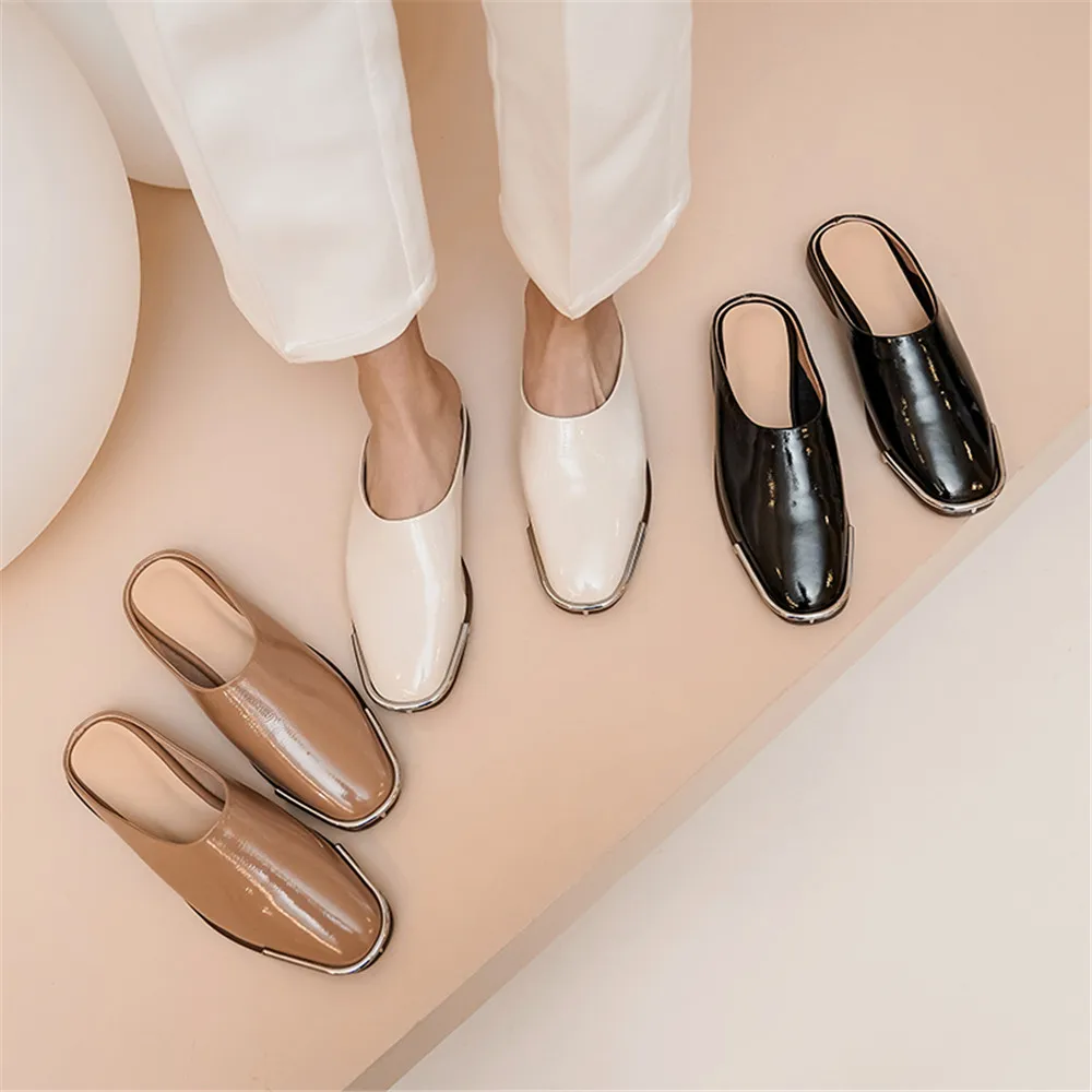 

Drestrive Women Slippers 2020 Spring Genuine Leather Outside Female Casual Shoes Patent Leather Round Toe Black Low Heel Mules