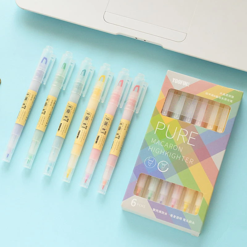 

6 Colors/set Unique Visible Tip Pastel Color Highlighter Pen Dual tips Soft Color for school marker DIY Stationery hilighter