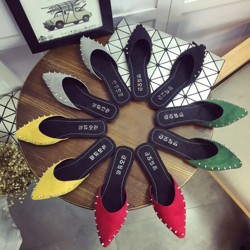 

Timalina Women Slippers Shoes Flock Mules Shoes Sandals Rivet Fashion Spring Slides Flat with Pointed Toe Ladies Female