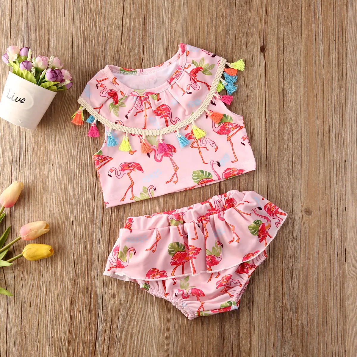 

AA/летние детские комплекты для маленьких девочек, купальный костюм с принтом фламинго, рубашки с рукавами с бахромой и оборками, топы + шорты...