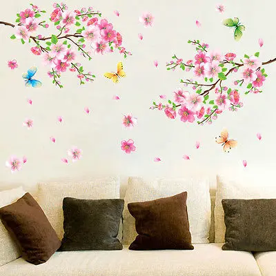

3D Pink Removable Peach Plum Cherry Blossom Flower Butterfly birth Vinyl Art Decal Wall Home Sticker Room Decor