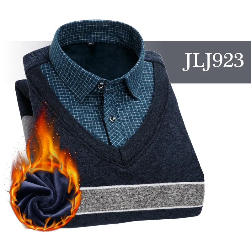 JLJ923 Мужская одежда, рубашки с вышивкой, в полоску, макет, из двух частей, платье, рубашка, имитация двойки, длинный рукав, толстый бархат, свитер, рубашки - Цвет: JLJ923