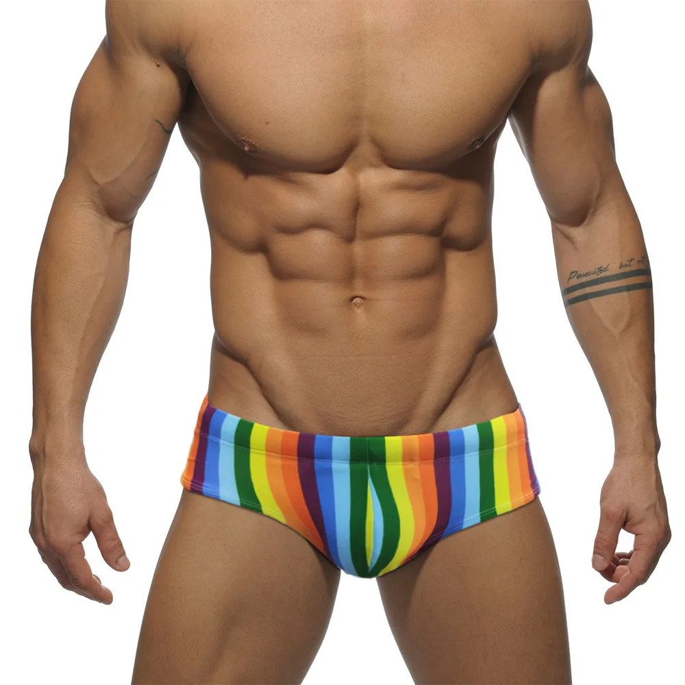 Men's Swimwear Sexy Bikini Pride Rainbow Striped Swimming Briefs Low Waist Drawstring Bathing Suit Beach Shorts Surf Panties
