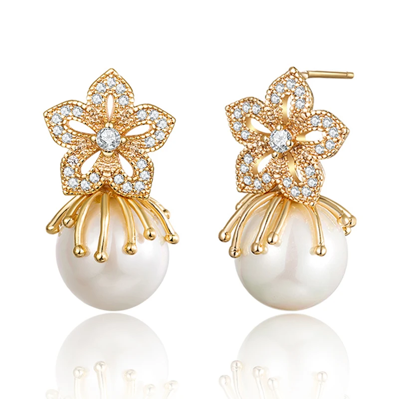 Роскошные креативные серьги с цирконием кубической огранки жемчугом из фианита