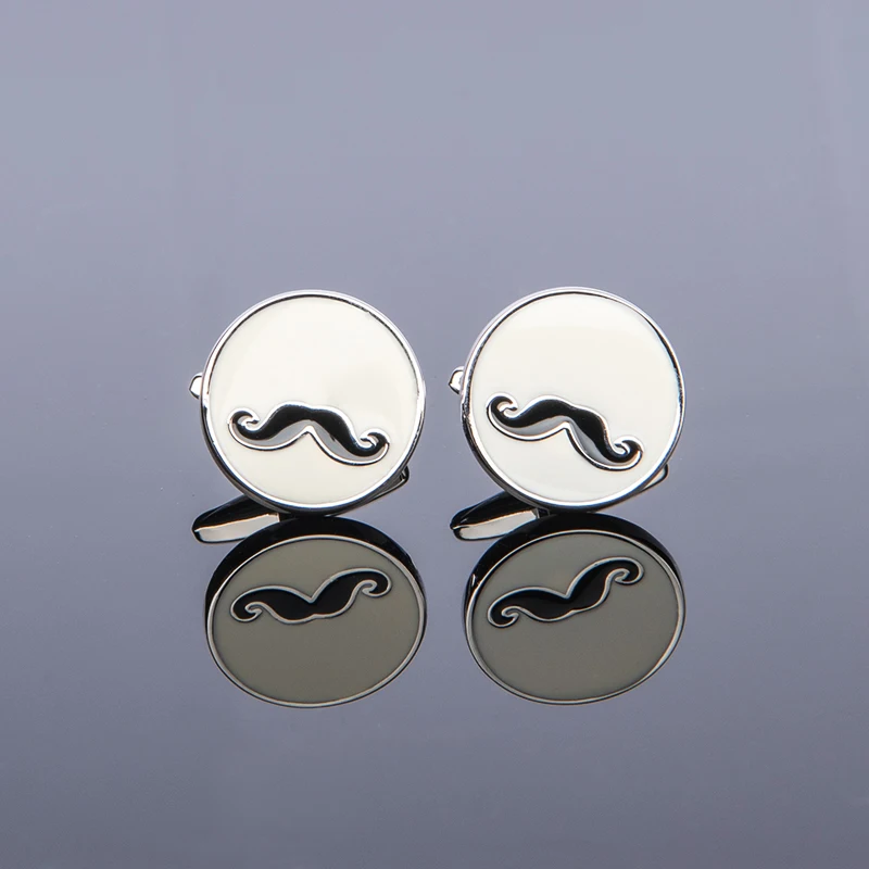 High Quality Mustache Cufflinks White Enamel Cuff Button Black Facial Hair Jewelry For Mens Shirt Party Father Funny Gift