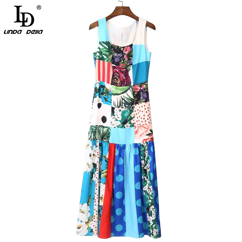 

LD LINDA DELLA New 2021 Fashion Designer Summer Elegant Blue Dress Women O-neck Floral stripe print Vintage Holiday Midi Dress