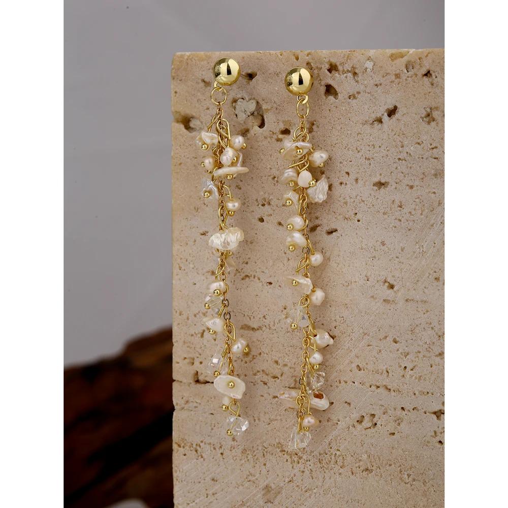 Yhpup Модная медная длинная цепь длинные висячие серьги с натуральным жемчугом