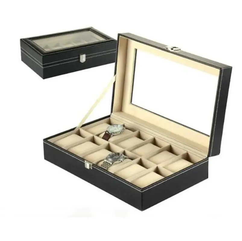 Коробка для наручных часов 30x20x8 см, черный из искусственной кожи 12 слотов, чехол-органайзер для хранения, дисплей для часов от AliExpress WW
