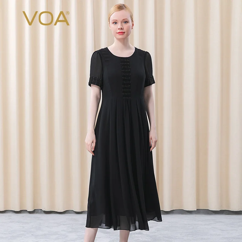 

Женское платье макси VOA, черное шелковое платье из жоржета с круглым вырезом и трехмерным соединением, яркое Шелковое украшение, естественн...